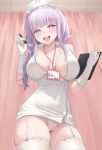 1girl :d azur_lane breasts cleavage commentary_request covered_navel garter_straps gloves hat highres holding holding_stylus id_card itaba_atsushi lanyard large_breasts looking_at_viewer nurse official_alternate_costume panties plymouth_(an_angelic_physical)_(azur_lane) plymouth_(azur_lane) purple_eyes purple_hair smile solo stylus teeth thighhighs thighs underwear upper_teeth_only white_garter_straps white_gloves white_hat white_panties white_thighhighs 