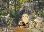 2026 absurd_res ambiguous_gender arcanine canid canine dlongl eyes_closed feral fur generation_1_pokemon grass hi_res mammal nintendo paws plant pokemon pokemon_(species) sculpture solo statue striped_body stripes tail tree water waterfall yellow_body yellow_fur