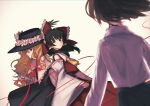  3girls absurdres ascot bare_shoulders black_hair black_hat black_skirt black_vest blonde_hair blush bow brown_hair closed_mouth collared_shirt commentary_request detached_sleeves fedora frilled_bow frilled_hat frilled_shirt_collar frills hair_bow hair_tubes hakurei_reimu hat hat_feather highres jacket_girl_(dipp) long_hair medium_hair multiple_girls nontraditional_miko red_bow red_eyes red_skirt red_vest scissors shirt shirt_tucked_in sidelocks simple_background skirt string string_of_fate touhou usami_renko uzumibi very_long_hair vest wavy_hair white_background white_shirt white_sleeves wide_sleeves wind yellow_ascot 