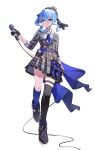  1girl 4486x ascot asymmetrical_legwear belt black_gloves black_shoes black_thighhighs blue_ascot blue_belt blue_bow blue_choker blue_eyes blue_hair blue_sky bow breasts cable choker commentary crown double-parted_bangs dress frilled_dress frills full_body gloves grey_dress grey_hat hair_between_eyes hair_bow hat hat_bow highres holding holding_microphone hololive hoshimachi_suisei kneehighs long_hair long_sleeves looking_at_viewer microphone mini_crown parted_lips partially_fingerless_gloves plaid_clothes plaid_dress plaid_hat shoes side_ponytail sidelocks simple_background sky small_breasts socks solo thigh_strap thighhighs untranslatable_commentary virtual_youtuber walking white_background 
