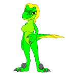 alpha_channel anthro bedroom_eyes belly blonde_hair breasts claws dinosaur dromaeosaurid eyelashes feathers female green_belly green_body green_scales grey_claws gwktm hair narrowed_eyes pamela_matlow prehistoric_species reptile saurischian scales scalie seductive smile solo tail tail_feathers theropod velociraptor yellow_body yellow_eyes yellow_feathers