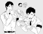  2boys armband belt bertolt_hoover black_armband black_belt black_hair cheese cheese_trail closed_eyes collared_jacket collared_shirt eating food grey_background highres holding holding_food holding_money holding_pizza holding_sandwich implied_yaoi jacket light_blush light_smile long_sleeves looking_at_viewer male_focus money monochrome mullet multiple_boys necktie open_clothes open_jacket open_wallet pizza reiner_braun sandwich shingeki_no_kyojin shirt short_hair simple_background surprised u7016903054990u upper_body white_jacket wiping_mouth 