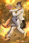 absurd_res after_kiss anthro arms_around_partner black_clothing black_footwear black_high_heels bluesatanist boyfriend/girlfriend canid canine canis canon_couple canonical_scene clothing debris diane_foxington dreamworks duo female footwear fox fur green_eyes grey_body grey_fur hi_res high_heels hug leather_shoes male male/female mammal mr._wolf_(the_bad_guys) orange_body orange_fur raised_leg red_fox romantic romantic_ambiance romantic_couple shoes smile smiling_at_another space space_station tail the_bad_guys true_fox warm_colors warm_lighting wolf yellow_eyes yellow_sclera zero_gravity