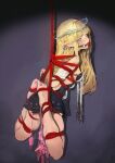  1girl 240mmap arms_behind_back ball_gag bare_shoulders black_dress blonde_hair bound bound_arms bound_legs breasts cartethyia_(wuthering_waves) dress drooling egg_vibrator gag gagged highres long_hair looking_at_viewer medium_breasts pointy_ears sex_toy shibari shibari_over_clothes skindentation solo suspension very_long_hair vibrator wiffle_gag wuthering_waves 