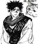  1boy cat choso_(jujutsu_kaisen) closed_mouth commentary_request facial_mark greyscale highres jujutsu_kaisen looking_at_viewer male_focus meme17 monochrome robe short_hair short_twintails simple_background solo twintails twitter_username upper_body white_background 