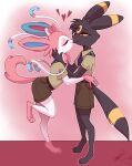 2026 4_fingers anthro artist_logo black_body black_fur black_hair black_nose blue_inner_ear blush blush_lines bottomwear bow_(anatomy) brown_bottomwear brown_clothing brown_shorts circle_(marking) claws closed_smile clothed clothed_anthro clothed_male clothing cute_fangs duo eeveelution eyelashes eyes_closed fangs finger_claws fingers fur generation_2_pokemon generation_6_pokemon hair harmony_scarf heart_symbol hi_res holding_head kerchief kissing leaning leaning_forward logo looking_at_another lucky_(odeko-yma) male male/male markings mouth_closed multicolored_body multicolored_fur narrowed_eyes neckerchief neckwear nintendo on_one_leg pattern_kerchief pattern_neckerchief pink_background pink_body pink_fur pink_inner_ear pink_nose pink_tail pix_(odeko-yma) pokemon pokemon_(species) pokemon_mystery_dungeon pokemorph puppycreates red_eyes ribbons_(anatomy) ring_(marking) shorts side_view simple_background smile spike_chunsoft standing striped_kerchief striped_neckerchief sylveon tail tan_clothing tan_shirt tan_topwear teeth tongue tongue_out topwear umbreon uniform white_body white_fur yellow_body yellow_fur yellow_markings yellow_sclera