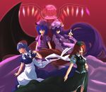  alternate_hair_color alternate_hairstyle blonde_hair blue_hair flandre_scarlet from_behind hat hiroya_juuren hong_meiling izayoi_sakuya maid multiple_girls patchouli_knowledge pointing purple_hair remilia_scarlet standing touhou wings 