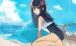  1girl arm_support ass bare_arms bare_legs barefoot beach black_eyes black_hair black_one-piece_swimsuit black_sailor_collar blue_sky bright_pupils closed_mouth cloud cloudy_sky commentary_request cumulonimbus_cloud day expressionless flower from_side hair_flower hair_ornament inflatable_dolphin inflatable_toy kuroyoru_umidori long_hair looking_at_viewer ocean one-piece_swimsuit outdoors qniokun red_flower sailor_collar sand simple_bird sitting sky solo swimsuit toaru_majutsu_no_index toaru_majutsu_no_index:_new_testament wariza water white_pupils 