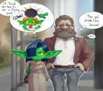 2026 angry clothing coat cookware duo dwarf ear_piercing ear_ring english_text fantasizing female frying_pan goblin green_body green_skin hair hair_over_eye humanoid humanoid_pointy_ears humor kitchen_utensils long_ears male mario-grant mole_under_eye ms._nasbh'ke's_roommate_(mario-grant) ms._nasbh'ke_(mario-grant) not_furry piercing pointy_ears purse ring_piercing text thought_bubble tongue tongue_out tools topwear yellow_sclera