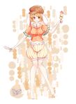  1girl animal_ears barefoot blonde_hair breasts brown_hat commentary_request dango dated dual_wielding floppy_ears food food_in_mouth full_body furim groin hat highres holding holding_skewer looking_at_viewer medium_breasts midriff mouth_hold navel orange_shirt rabbit_ears rabbit_girl red_eyes ringo_(touhou) shirt short_hair short_sleeves shorts signature skewer solo striped_clothes striped_shorts toes touhou vertical-striped_clothes vertical-striped_shorts wagashi yellow_shorts 