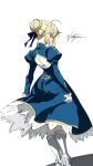  1girl ahoge armor armored_dress artist_name artoria_pendragon_(fate) blonde_hair boots braid braided_base braided_bun bun_with_braided_base commentary dress fate/stay_night fate_(series) hair_bun highres saber_(fate) shaded_face shi_draco signature simple_background solo white_background 