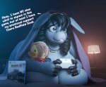 3d_(artwork) accessory anthro asinus big_breasts black_hair breasts buckteeth capcom chunkerbuns claire_redfield controller dialogue digital_media_(artwork) donkey dualsense english_text equid equine female furniture_lamp game_controller gaming grey_body hair hair_accessory hairband haylee_(chunkerbuns) huge_breasts jewelry lying mammal necklace nude nude_anthro nude_female on_front playing_video_game playstation playstation_5 playstation_controller plushie resident_evil resident_evil_requiem solo sony_corporation sony_interactive_entertainment teeth text under_covers