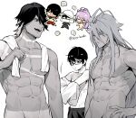  3boys abs armor beard_stubble black_hair black_shirt blonde_streaks character_request chibi closed_eyes completely_nude facial_hair glasses hair_between_eyes hair_over_one_eye hand_on_own_hip holding holding_towel kaidou_j1 long_hair male_focus multicolored_hair multiple_boys muscular muscular_male nagasone_kotetsu nude open_mouth partially_colored pectorals purple_hair red_shorts seashell shell shirt short_hair shorts shoulder_armor simple_background smile standing streaked_hair stubble tanlines touken_ranbu towel towel_around_neck twitter_username undressing walking white_background 