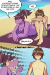 annoyed anthro artist_name beach beach_towel big_breasts bikini bikini_top bodily_fluids breasts clothing comic crossed_arms crying_laughing day deltarune dialogue duo english_text female freckles gesture glistening glistening_hair hair hand_gesture hi_res human kris_dreemurr laugh laughing_at_another lightner lying mammal nonbinary_(lore) open_mouth plagueknightbfa pointing pointing_at_another purple_bikini_bottom purple_bikini_top purple_body purple_clothing purple_topwear scalie sea sitting small_tail snout spiked_hairband sunbathing suntan susie_(deltarune) swimwear tail tan_line tanned_skin tears teeth text topwear towel two-piece_swimsuit undertale_(series) water yellow_sclera yellow_teeth