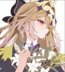  ahoge antenna_hair black_dress black_ribbon blonde_hair blush capelet closed_mouth commentary cure_arcana_shadow diamond_hairband dress flower from_side gradient_hair hair_between_eyes hair_intakes hair_ribbon highres jewelry kinako_(kinako0x) long_hair looking_at_viewer magical_girl meitantei_precure! moria_luluka multicolored_hair pink_hair precure ribbon two-tone_hair upper_body 