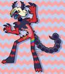 2026 2_horns 3_toes 4_fingers accessory ambiguous_gender anthro aries_(plentyofsoup) arm_tuft artist_name belly black_body black_claws black_fur black_horn black_markings black_nipples black_outline blue_background blue_tongue claws clip_studio_paint_(artwork) dated demon digital_drawing_(artwork) digital_media_(artwork) do_not_distribute drop_shadow elbow_tuft featureless_crotch feet fingers flat_colors full-length_portrait fur fur_markings hair hair_accessory hair_over_eyes hairclip heart_(marking) hi_res horn jewelry junebug-jamboree markings multicolored_hair multicolored_markings neck_tuft necklace necklace_only nipples nude open_mouth outline pattern_background pentagram_necklace pink_belly ponytail portrait rainbow_hair rainbow_markings red_background red_body red_claws red_fur sharp_teeth simple_background smiley_face solo spike_(anatomy) standing star_(marking) stinger stinger_tail striped_markings stripes tail teeth text toes tongue tongue_out tuft watermark white_hair zig_zag_pattern