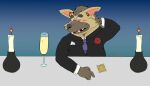 2026 4_fingers accessory anthro beverage biped black_nose blush boss_(twende) candle clothing condom fingers helios-steelmane hi_res humanoid_hands hyena male mammal necktie open_mouth overweight overweight_male sexual_barrier_device shirt solo suit topwear twende_(series)
