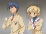  1girl bandaid blonde_hair blue_eyes clannad crossed_arms genderswap okazaki_tomoya school_uniform sunohara_youko third-party_edit 