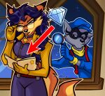 2026 anthro blue_hair bottomwear breasts brown_body brown_eyes canid canine carmelita_fox clothing collar dipstick_ears duo ear_markings ear_piercing ear_ring eyebrows eyelashes eyewear female fox gem glasses gloves hair handwear hat headgear headwear hi_res jacket magnifying_glass male mammal markings meme multicolored_ears pants piercing procyonid raccoon red_arrow ring_piercing shallowrize sly_cooper sly_cooper_(series) sony_corporation sony_interactive_entertainment sucker_punch_productions tan_body topwear window
