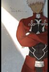  1boy archer_(fate) armor breastplate coat commentary_request covered_abs crossed_arms dark-skinned_male dark_skin fate/grand_order fate_(series) highres light_smile male_focus messy_hair newtorihatu red_coat smile solo spiked_hair white_hair 