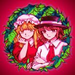 2girls black_hat blonde_hair brown_eyes brown_hair chromatic_aberration collared_dress collared_shirt commentary_request crossed_arms dress frilled_dress_collar hat highres kihaji140 long_hair long_sleeves maribel_hearn medium_hair mob_cap multiple_girls necktie purple_dress red_necktie shirt smile touhou upper_body usami_renko white_hat white_shirt yellow_eyes 