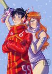  1boy 1girl alternate_breast_size_(smaller) black_eyes black_hair blue_background coat commentary crossed_arms english_commentary gloves gun hand_on_another's_shoulder headphones holding holding_gun holding_weapon ireleglitter monkey_d._luffy nami_(one_piece) no_pants official_alternate_costume one_piece orange_hair panties red_coat red_eyes red_gloves scar scar_on_cheek scar_on_face shirt shoulder_tattoo sleeveless sleeveless_turtleneck tattoo triangle turtleneck underwear watermark weapon white_panties white_shirt 