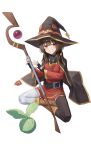  1girl absurdres bandaged_leg bandages belt black_belt black_choker black_hat black_thighhighs boots brown_boots brown_hair cabbage_(konosuba) choker chomusuke collared_cape commentary_request dress eyepatch grin hat highres holding holding_staff indian_style kono_subarashii_sekai_ni_shukufuku_wo! looking_at_viewer medium_hair megumin red_dress red_eyes simple_background single_thighhigh sitting smile staff thighhighs unworn_eyepatch white_background witch_hat yecheng_anhunqu_(bilibili_1454316466) 