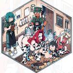  5girls all_fours animal_print apron ass bell bikini black_bow black_hair blue_bow blunt_bangs blush blush_stickers bottle bouncing_breasts bow box breasts chalkboard clipboard coffee coffee_mug collared_shirt colored_skin cow_print cow_print_bikini cow_print_sleeves cow_print_thighhighs cup daisy_(scott_malin) detached_sleeves earrings electrical_outlet eyeshadow fake_horns green_hair green_shirt hair_between_eyes hair_bow hand_on_own_hip hanging_breasts highres holding holding_clipboard holding_pencil holding_pole horns indoors jewelry katya_(scott_malin) large_breasts leaning_forward light_fixture long_hair looking_at_another lucia_(scott_malin) makeup medium_breasts medium_hair meisha_(scott_malin) mia_(scott_malin) milk_bottle milking_machine mug multiple_girls neck_bell nipples open_door original pencil pointy_ears pole print_bikini print_thighhighs red_hair red_skin scott_malin shelf shirt shoes short_hair side-tie_bikini_bottom smile straw_(stalk) swimsuit thighhighs tile_floor tiles topless_female white_hair writing 