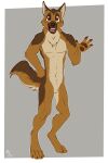 2018 2:3 anthro biped black_markings black_nose brown_body brown_eyes brown_fur canid canine canis claws digitigrade domestic_dog facial_markings featureless_chest featureless_crotch fuf fur german_shepherd gesture hand_on_hip hand_on_own_hip head_markings herding_dog hi_res male mammal markings multicolored_body multicolored_fur muzzle_(marking) navel neck_tuft nude open_mouth pastoral_dog pawpads simple_background solo tan_body tan_fur teeth toe_claws tongue tuft waving waving_at_viewer