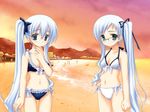  beach bikini blue_eyes blue_hair frilled_bikini frills front-tie_top glasses hajimete_no_otetsudai hand_on_hip long_hair miyamae_futaha miyamae_hitoha multiple_girls navel non-web_source siblings side-tie_bikini side_ponytail sin-go sunset swimsuit tachi-e twins very_long_hair 