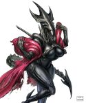 2026 4_arms 5:6 alien alien_(franchise) big_breasts black_body breasts clothing covering covering_breasts covering_self coy curvy_figure elongated_head exoskeleton eyeless featureless_breasts featureless_face female female_humanoid hi_res high-angle_view humanoid kory_cromie mature_female mature_humanoid mostly_nude multi_arm multi_limb noseless not_furry red_clothing red_robe robe robe_only signature simple_background solo spiked_tail spikes spikes_(anatomy) tail teeth thick_thighs three-quarter_view undressing voluptuous voluptuous_female voluptuous_humanoid white_background wide_hips xenomorph xenomorph_queen