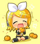  blonde_hair bow chibi closed_eyes eating food fruit hahifuhe headset heart kagamine_rin orange short_hair solo vocaloid 