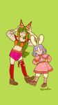  2girls breasts closed_mouth commentary_request feena_(grandia) full_body grandia grandia_i green_eyes green_hair hair_ornament hair_tubes highres jewelry long_hair looking_at_viewer low-tied_long_hair midriff multiple_girls navel necklace open_mouth red_thighhighs skirt smile sue_(grandia) thighhighs wide_sleeves yatta_kita 