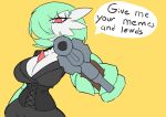 absurd_res alicia_(miiserii) big_breasts breasts cleavage clothed clothed_female clothed_humanoid clothing colored colored_sketch corset dialogue english_text female female_humanoid flat_colors gardevoir generation_3_pokemon green_hair gun hair handgun hi_res holding_gun holding_handgun holding_object holding_ranged_weapon holding_revolver holding_weapon humanoid lingerie looking_at_viewer miiserii nintendo pointing_gun_at_viewer pokemon pokemon_(species) ranged_weapon red_eyes revolver sketch small_waist solo text topwear weapon wide_hips