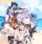  4girls aqua_hair arm_strap artist_request ass bikini black_bikini black_bodysuit black_hair blanc_(nikke) bodysuit breasts brown_hair bubble cleavage colored_inner_hair dark-skinned_female dark_skin frilled_thigh_strap goddess_of_victory:_nikke goggles goggles_on_headwear hair_between_eyes hair_intakes highres large_breasts liberalio_(nikke) little_mermaid_(nikke) long_hair multicolored_hair multiple_girls noir_(nikke) official_art one-piece_swimsuit purple_hair red_eyes shoe_dangle smile swimsuit thigh_strap third-party_source visor_cap white_bikini white_hair wristband yellow_eyes 
