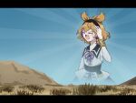  1girl big_enough_(meme) black_collar blue_sky blush brown_hair clear_sky collar commentary day desert earmuffs english_commentary grass hand_on_own_head highres letterboxed meme neck_ribbon open_mouth outdoors pink_shirt pointy_hair purple_ribbon ribbon screaming shirt short_hair sky sleeveless sleeveless_shirt smile solo touhou toyosatomimi_no_miko upper_body yuriri2001 