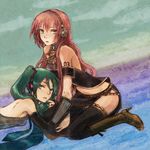  bad_id bad_pixiv_id boots detached_sleeves green_hair hatsune_miku kneeling kno_(anahita) long_hair megurine_luka multiple_girls pink_hair thighhighs twintails vocaloid 