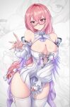  1girl bare_shoulders blush breasts cleavage closed_mouth commentary cosplay cowboy_shot dankira detached_sleeves dress embarrassed english_commentary glasses hair_ornament highres jewelry large_breasts long_hair long_sleeves looking_at_viewer pink_eyes pink_hair remielle_dan remielle_dan_(cosplay) ring semi-rimless_eyewear solo thighhighs thighs tsukishiro_yanagi under-rim_eyewear very_long_hair white_dress white_thighhighs zenless_zone_zero zoom_layer 
