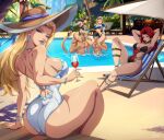  2boys 4girls abs armpits arms_behind_head ass assisted_exposure avengers_(series) back bandeau beach_umbrella bikini black_one-piece_swimsuit black_widow black_widow_(aquatic_assassin) blonde_hair blue_bandeau blue_bikini blue_eyes blue_shrug bracelet breasts carrying chair chest_hair clothes_theft clothing_cutout commentary covering_breasts covering_privates cup curtained_hair day detached_sleeves diamond_earrings diamond_necklace drinking_glass earrings emma_frost emma_frost_(white_wave_queen) english_commentary eyelashes eyeshadow eyewear_on_head fake_horns fantastic_four feet_on_chair felox08 fingerless_sleeves from_behind gem green_eyes green_nails green_one-piece_swimsuit hand_on_another's_knee hand_on_another's_thigh hand_up hat highres holding holding_cup holding_unworn_clothes horned_headwear horned_tiara horns jewelry knee_up lady_loki lady_loki_(seaside_siren) large_breasts leaning_back linea_alba loki_(marvel) long_hair looking_at_another looking_at_viewer lower_leg_strap makeup marvel marvel_rivals median_furrow multi-strapped_swimsuit multicolored_shrug multiple_boys multiple_girls muscular muscular_male natasha_romanoff official_alternate_costume on_chair one-piece_swimsuit outdoors pool purple_eyeshadow purple_lips purple_nails red_gem red_hair red_one-piece_swimsuit reed_richards reed_richards_(fantastic_beach_dad) shoulder_blades shoulder_carry shrug_(clothing) sitting sue_storm sue_storm_(azure_shade) sun_hat sunglasses swimsuit swimsuit_theft theft thick_thighs thigh_strap thighs thor_(marvel) thor_(worthy_waves)_(marvel) tiara toned toned_female topless_male tree two-tone_one-piece_swimsuit two-tone_shrug umbrella unworn_bikini_top wading water waterfall wet white_one-piece_swimsuit white_shrug wine_glass x-men 