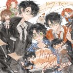  2girls 6+boys absurdres age_comparison animal_ears antlers bird birthday_cake black_coat black_hair black_jacket black_necktie black_shirt blue_eyes blue_shirt bouquet brown_hair brown_pants brown_vest cake character_name cherishing17 chibi closed_mouth coat collared_shirt copyright_name deer_antlers deer_boy dog_boy dog_ears earrings envelope facial_mark food food_on_face glasses green_eyes grey_eyes grey_vest happy_birthday harry_potter harry_potter_(series) hat hedwig hermione_granger highres hogwarts_school_uniform holding holding_bouquet holding_whisk horns jacket james_potter jewelry kemonomimi_mode light_smile lightning_bolt_facial_mark lightning_bolt_symbol lily_evans long_hair multiple_boys multiple_girls necktie open_mouth owl pants parted_bangs party_hat pastry_bag plaid_clothes plaid_shirt red_hair ron_weasley round_eyewear scar scar_on_face scar_on_forehead school_uniform shirt short_hair sirius_black vest waistcoat whisk white_shirt wizarding_world 