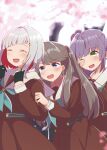  3girls :d ;d ^_^ aqua_neckerchief bob_cut brown_dress brown_hair cherry_blossoms clenched_hands closed_eyes colored_inner_hair commentary_request crying crying_with_eyes_open diagonal_bangs dress falling_petals flower fujishima_megumi green_eyes grey_hair hair_bun hair_flower hair_ornament hasu_no_daisankaku hasu_no_sora_school_uniform highres inverted_bob kaudon long_hair long_sleeves love_live! love_live!_hasu_no_sora_jogakuin_school_idol_club multicolored_hair multiple_girls neckerchief one_eye_closed open_mouth otomune_kozue outdoors petals pink_petals purple_eyes purple_hair red_flower red_hair sailor_collar sailor_dress school_uniform short_hair side_ponytail sidelocks single_side_bun smile star_(symbol) star_hair_ornament tears two_side_up virtual_graduation_commemoration virtual_youtuber white_sailor_collar winter_uniform yugiri_tsuzuri 
