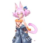  1girl animal_ear_fluff animal_ears arms_at_sides bandaged_arm bandages bandeau blush breasts cat_ears cat_girl cat_tail commentary_request commission duel_monster gloves grey_jumpsuit hair_ribbon highres jumpsuit jumpsuit_around_waist kitt_(yu-gi-oh!) kuromaru-4321 looking_at_viewer medium_breasts navel nut_(hardware) open_mouth orange_bandeau orange_gloves pink_hair pink_tail ribbon short_twintails signature skeb_commission smile solo tachi-e tail tri-brigade_kitt twintails underboob white_background yellow_eyes yu-gi-oh! 