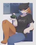 3_toes anthro bent_leg black_clothing black_eyebrows black_hat black_headwear black_shirt black_topwear blep blue_body blue_fur bottomwear can clothed clothed_female clothing container cute_fangs domestic_cat ears_down epic_games eyebrows fangs feet felid feline felis female female_anthro flow_(artist) fortnite fur half-closed_eyes hat headgear headwear hi_res holding_can holding_container holding_object looking_at_viewer mammal meow_skulls monster_energy multicolored_body multicolored_fur narrowed_eyes orange_body orange_fur panties pantsless_female pattern_bottomwear pattern_clothing pattern_panties pattern_underwear pivoted_ears shirt sitting solo striped_bottomwear striped_clothing striped_panties striped_underwear stripes tan_body tan_fur teeth toes tongue tongue_out topwear underwear yellow_eyes