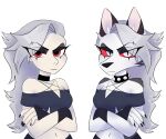 2022 akrost alpha_channel alternate_form anthro bare_shoulders black_bottomwear black_choker black_claws black_clothing black_eyelids black_fingernails black_jewelry black_nails black_necklace bottomwear breasts canid canid_demon canine choker claws cleavage clothed clothed_anthro clothed_female clothed_human clothing collar colored_nails crop_top crossed_arms demon duo eye_through_hair eyebrow_through_hair eyebrows eyelashes female fingerless_gloves fingernails fur glaring glaring_at_viewer gloves grey_hair hair half-length_portrait handwear hellaverse hellhound helluva_boss human human_loona_(helluva_boss) jewelry long_hair looking_at_viewer loona_(helluva_boss) mammal midriff mythological_canine mythological_creature mythology nails navel necklace portrait pupils red_eyes red_sclera shirt simple_background slit_pupils spiked_collar spikes topwear translucent translucent_hair transparent_background white_body white_eyes white_fur