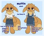 2026 3_fingers abstract_background ageplay anthro anthrofied belt big_tail biped blue_background blue_pacifier brown_body brown_fur clothed clothing diaper diaper_peekage digital_media_(artwork) dipstick_tail english_text fingers fur hi_res infantilism male markings model_sheet muffin_(puppypamps) nintendo overalls pacifier pacifier_clip pokemon pokemorph puppypamps roleplay shirt shortalls simple_background smile solo tail tail_markings text topwear wearing_diaper