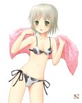  animal_print bikini blush breasts cleavage cow_print dutch_angle green_eyes hanyu navel open_mouth sanya_v_litvyak short_hair side-tie_bikini signature silver_hair simple_background small_breasts solo strike_witches string_bikini swimsuit towel world_witches_series 