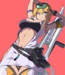  1girl armband armpits arms_up bandaid bandaid_on_cheek bandaid_on_face bare_shoulders black_gloves black_panties black_sports_bra blonde_hair blue_eyes breasts cleavage commentary_request cowboy_shot dress ear_piercing gloves goddess_of_victory:_nikke gun hair_between_eyes highres large_breasts leggings looking_at_viewer maxwell_(nikke) maxwell_(ordinary_mechanic)_(nikke) multicolored_gloves multiple_piercings navel official_alternate_costume panties parted_lips piercing red_background rifle short_hair short_hair_with_long_locks sidelocks simple_background sleeveless smile sniper_rifle solo sports_bra standing stomach syope two-tone_gloves underwear unzipped weapon white_dress white_leggings yellow_armband zipper zipper_pull_tab 