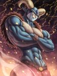  1boy abs biceps blue_skin colored_skin commentary crossed_arms curled_horns deltoids dragon_ball dragon_ball_super english_commentary evil_grin evil_smile fiery_background fire forehead_jewel from_below fur_trim goat_horns grin highres horns lightning_background male_focus mirai_art15 moro_(dragon_ball) muscular muscular_male pants pectorals pointy_ears purple_pants red_eyes smile solo teeth triceps twitter_username 