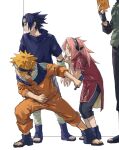  1girl 3boys against_wall bandages blonde_hair blue_shirt book commentary_request curtained_hair dagger detached_sleeves facial_mark fingerless_gloves flak_jacket forehead_protector full_body gloves green_eyes haruno_sakura hatake_kakashi headband high_collar highres holding holding_book holding_dagger holding_knife holding_weapon icha_icha_(naruto) jacket kimanekokima kneehighs knife konohagakure_shinobi_uniform konohagakure_symbol kunai leaning_forward multiple_boys naruto_(classic) naruto_(series) open-toe_boots orange_jacket orange_pants pants partial_squatting pink_hair shirt shorts sleeves_rolled_up socks spiked_hair standing t-shirt team_7_(naruto) toes uchiha_sasuke uzumaki_naruto weapon whisker_markings white_background 
