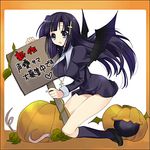  :o black_eyes black_legwear food full_body hair_ornament hairpin heart holding holding_sign kannagi kneehighs kneeling kumatora_tatsumi looking_at_viewer lowres open_mouth pumpkin purple_hair sign simple_background solo text_focus translation_request vegetable white_background zange 